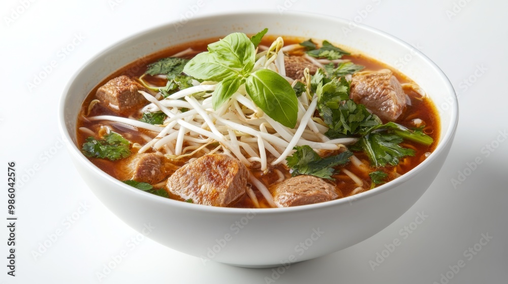 A bowl of steaming Thai noodle soup with fresh herbs, bean sprouts, and tender slices of meat, presented against a clean, white background A bowl of steaming Thai noodle soup with fresh herbs, bean sprouts, and tender slices of meat, presented against a clean, white background