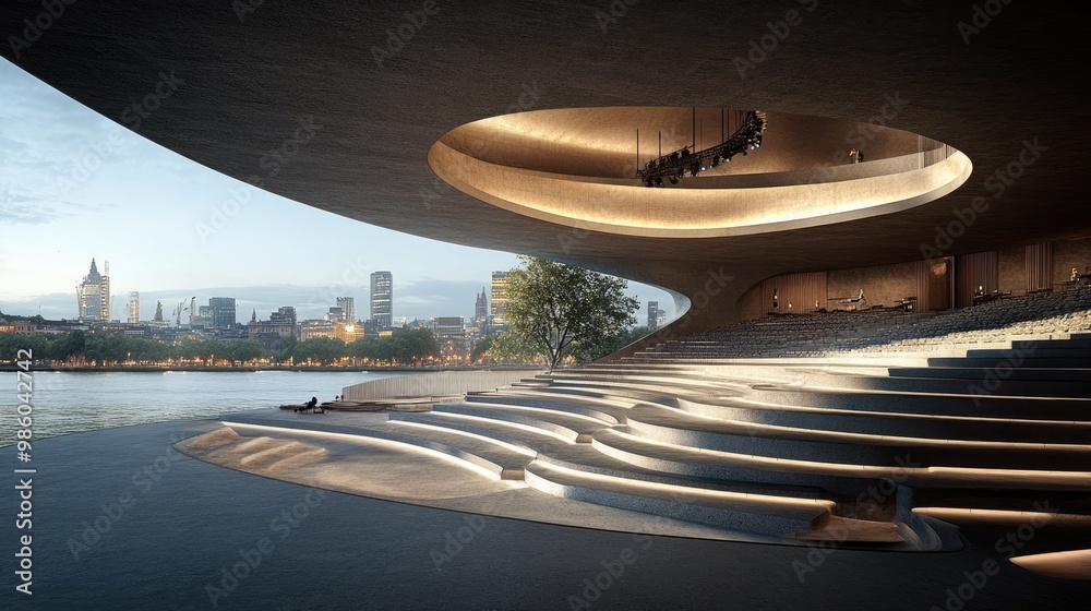 A modern amphitheatre located in the heart of a bustling city, with the skyline visible in the background. The seating is arranged in a spiral pattern, and the stage features cutting-edge technology A modern amphitheatre located in the heart of a bustling city, with the skyline visible in the background. The seating is arranged in a spiral pattern, and the stage features cutting-edge technology