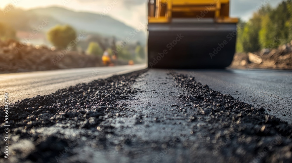 A close-up of a road roller compacting asphalt on a newly paved highway, surrounded by natural scenery and bathed in warm sunlight. A close-up of a road roller compacting asphalt on a newly paved highway, surrounded by natural scenery and bathed in warm sunlight.