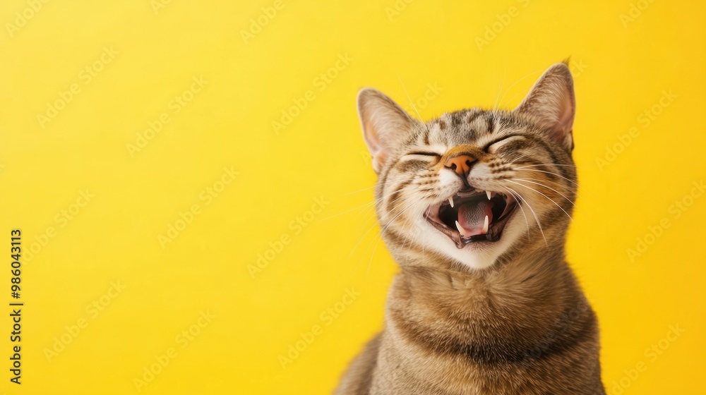 Close-up of a tabby cat with its mouth open against a bright yellow background. Close-up of a tabby cat with its mouth open against a bright yellow background.