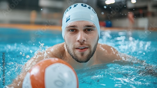 A dedicated water polo player with a white numbered cap is swimming energetically towards an orange ball, emphasizing determination and teamwork in the game.