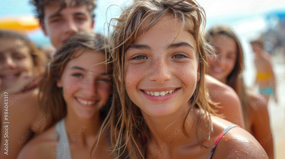 Fototapeta premium A joyful summer gathering of six friends smiling brightly under the sun at the beach. Generative AI