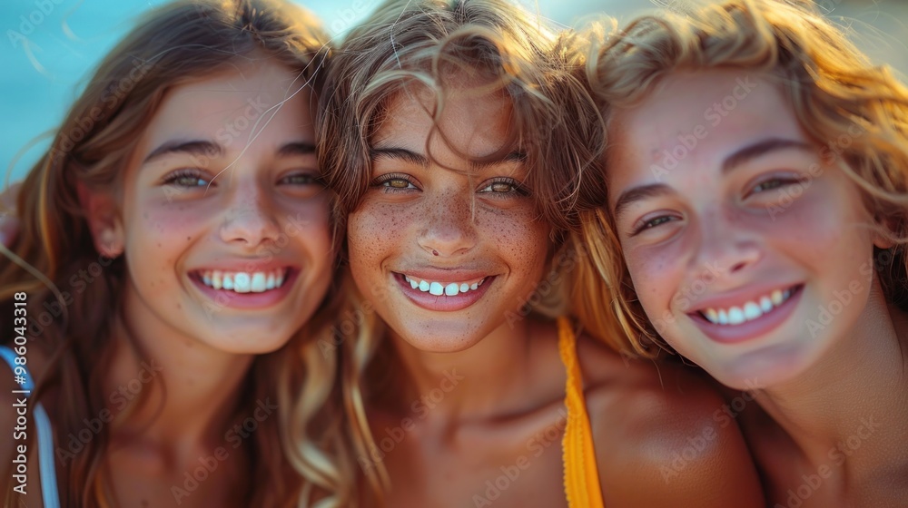 Children laughing and enjoying a sunny beach day, wearing colorful swimsuits and quirky hats near the shore. Generative AI Children laughing and enjoying a sunny beach day, wearing colorful swimsuits and quirky hats near the shore. Generative AI