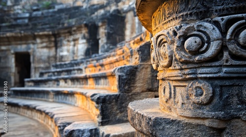 A close-up of the intricate carvings on the stone seating of an ancient amphitheatre. The detailed patterns and motifs reflect the artistry of the past, and the weathered surface adds a sense of photo