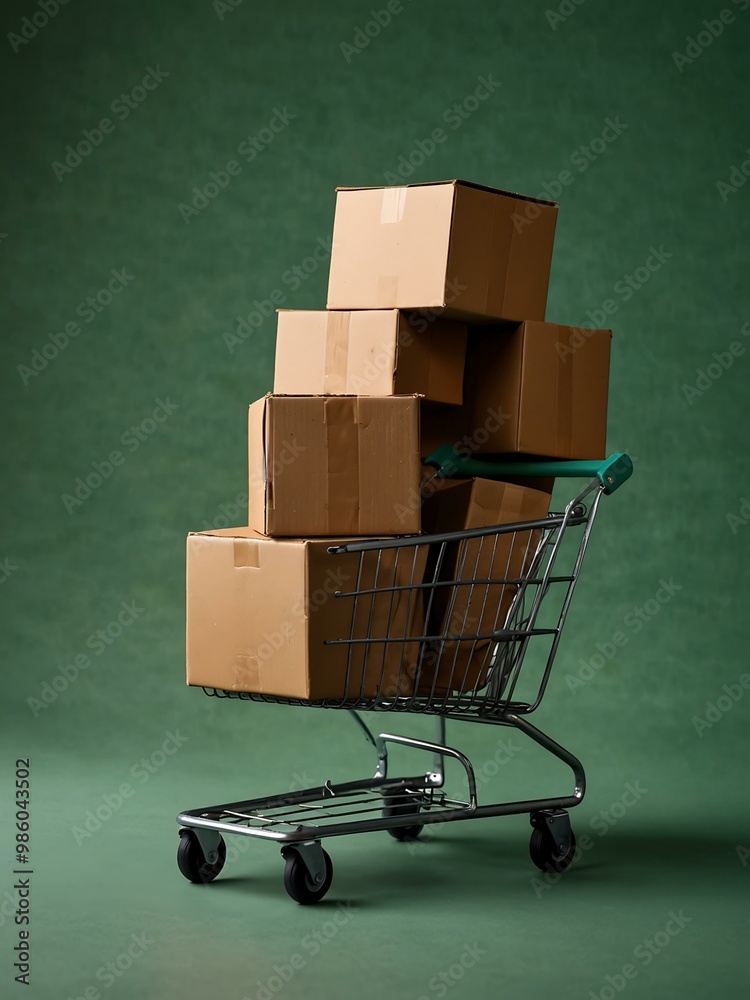 Shopping cart filled with cardboard boxes on a green background. Shopping cart filled with cardboard boxes on a green background.