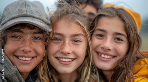 Joyful group of teens enjoying a sunny beach day, laughing and bonding in a carefree atmosphere. Generative AI