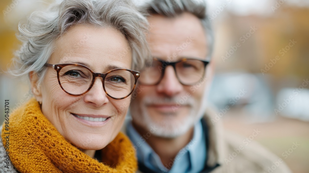 © Pinklife - A joyful senior couple wearing glasses embraces each other warmly with golden leaves in the background, portraying happiness and companionship in autumn. © Pinklife - A joyful senior couple wearing glasses embraces each other warmly with golden leaves in the background, portraying happiness and companionship in autumn.
