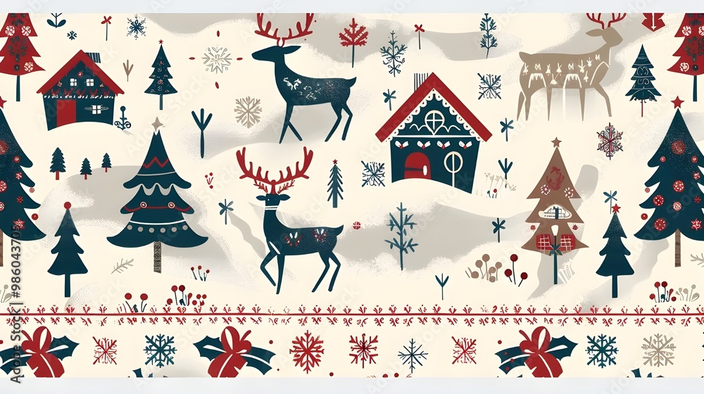 Christmas Pattern with Reindeer and Snowflakes, Scandinavian Christmas Tradition, Cozy Christmas Pattern Christmas Pattern with Reindeer and Snowflakes, Scandinavian Christmas Tradition, Cozy Christmas Pattern