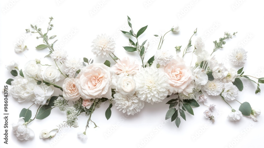 Delicate white and blush flowers with greenery arranged in a horizontal line on white background. Delicate white and blush flowers with greenery arranged in a horizontal line on white background.