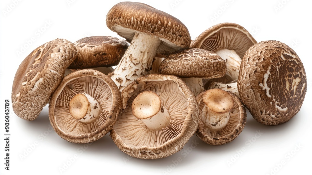 A group of fresh brown mushrooms isolated on a white background. A group of fresh brown mushrooms isolated on a white background.