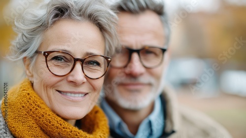 A joyful senior couple wearing glasses embraces each other warmly with golden leaves in the background, portraying happiness and companionship in autumn. photo