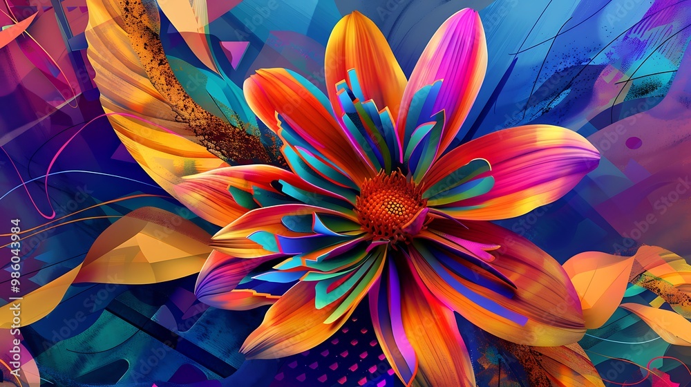 A vibrant abstract floral art piece featuring a bold, colorful flower with swirling petals and geometric patterns in the leaves, set against a dynamic background. 8k UHD, suitable for high-quality A vibrant abstract floral art piece featuring a bold, colorful flower with swirling petals and geometric patterns in the leaves, set against a dynamic background. 8k UHD, suitable for high-quality