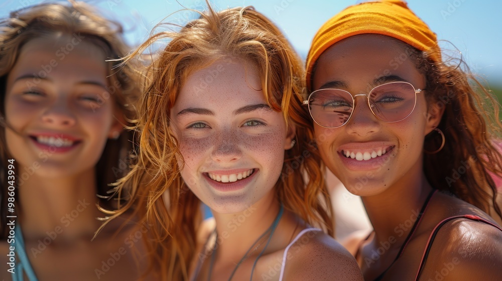 Joyful summer moments shared among friends at a sunny beach with sparkling blue water and smiles all around. Generative AI Joyful summer moments shared among friends at a sunny beach with sparkling blue water and smiles all around. Generative AI
