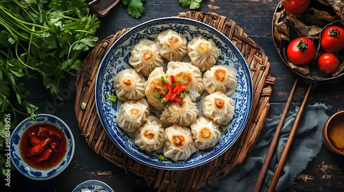 Steamed dumplings in decorative plate with dipping sauce and tomatos. Traditional Asian dining experience, ideal for food-focused social media and restaurant menu designs