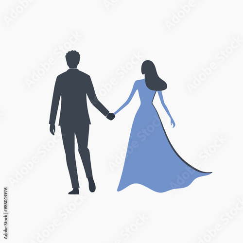 a man and a woman walking hand in hand. The man is on the left side of the image and the woman is in the center. vector silhouette isolated white background