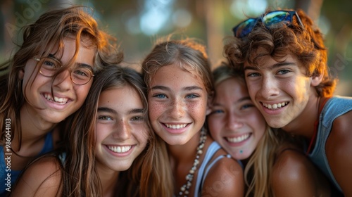 A joyful gathering of young friends looking upwards under a bright blue sky on a sunny day outdoors. Generative AI