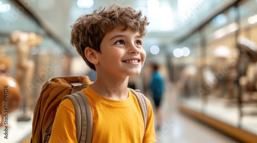 A young boy in an orange shirt looks with awe at a museum display, his face is lightened with curiosity and fascination, reflecting youthful exploration.