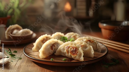 Hot steamed and fried gyoza served in plate. Dumplings food photo for Asian dining experiences, restaurant menus, and food photography