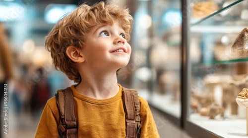 Wallpaper Mural A young boy in brown overalls joyfully admires museum exhibits, fascinated by the artifacts and the educational experience in a cultural setting. Torontodigital.ca