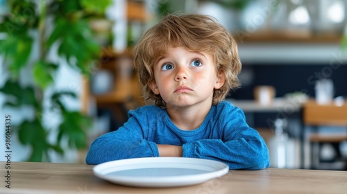 A thoughtful young boy in a blue shirt stares past a table with an empty dish. His pensive expression captures a moment of quiet contemplation indoors.