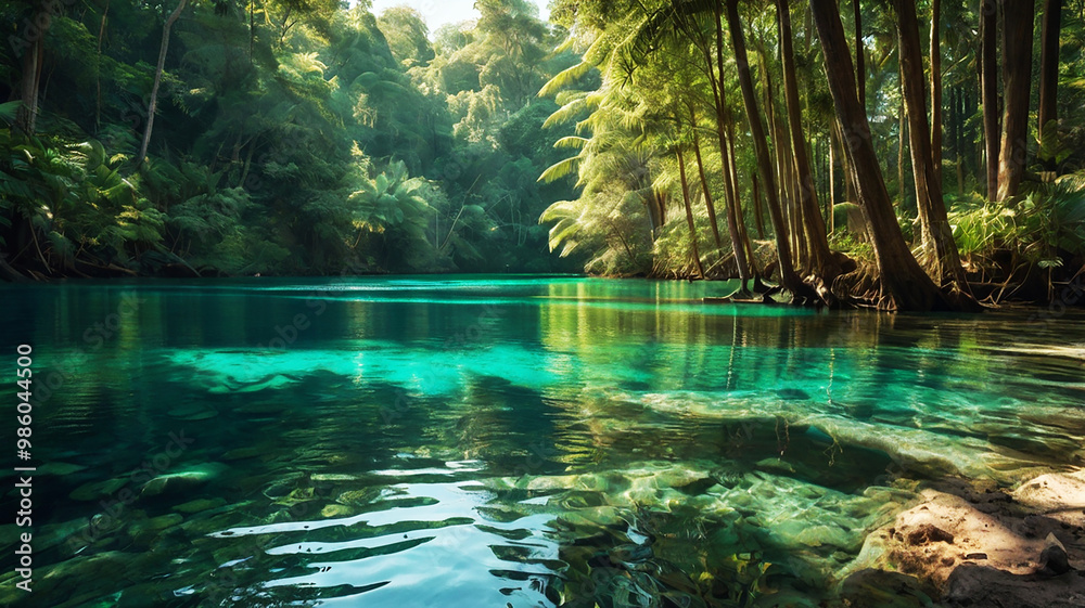 Naklejka premium A serene scene with clear turquoise waters flowing through a forest of tall, palm-like trees.