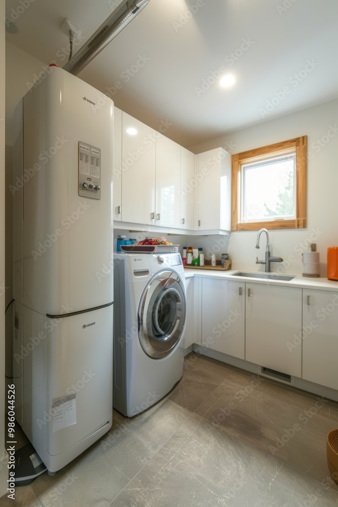 Eco-Friendly Utility Room Featuring Compact Heat Pump Water Heater and Modern Appliances for Energy Efficiency Eco-Friendly Utility Room Featuring Compact Heat Pump Water Heater and Modern Appliances for Energy Efficiency