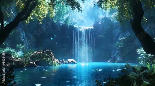 A virtual lake in the middle of a 4D valley, surrounded by glowing forests and fantasy mountains, with animated waterfalls cascading under a futuristic sky 