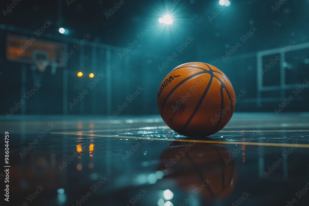 Clean Orange Basketball on Court in Arena at Night, AI generated illustration Clean Orange Basketball on Court in Arena at Night, AI generated illustration