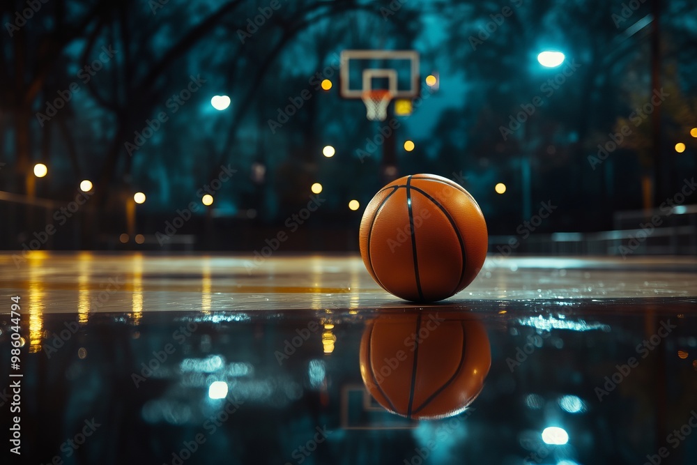 Clean Orange Basketball on Court in Arena at Night, AI generated illustration