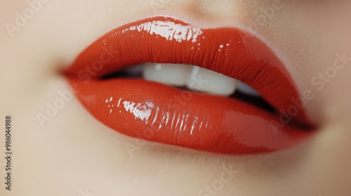 Close up of woman's lips with glossy red lipstick.