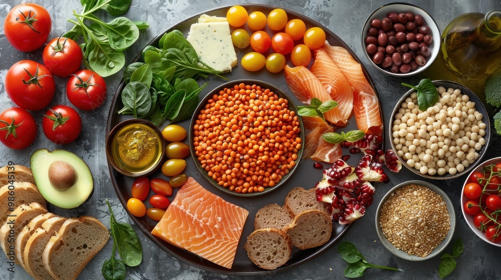 A vibrant platter of fresh vegetables, fruits, and grilled chicken served on a dark marble table at lunchtime. Generative AI A vibrant platter of fresh vegetables, fruits, and grilled chicken served on a dark marble table at lunchtime. Generative AI