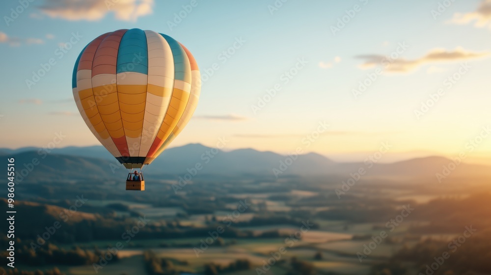 Obraz premium A hot air balloon with colorful stripes is seen soaring above the lush green fields during sunrise, offering a breathtaking aerial view of the sprawling countryside.