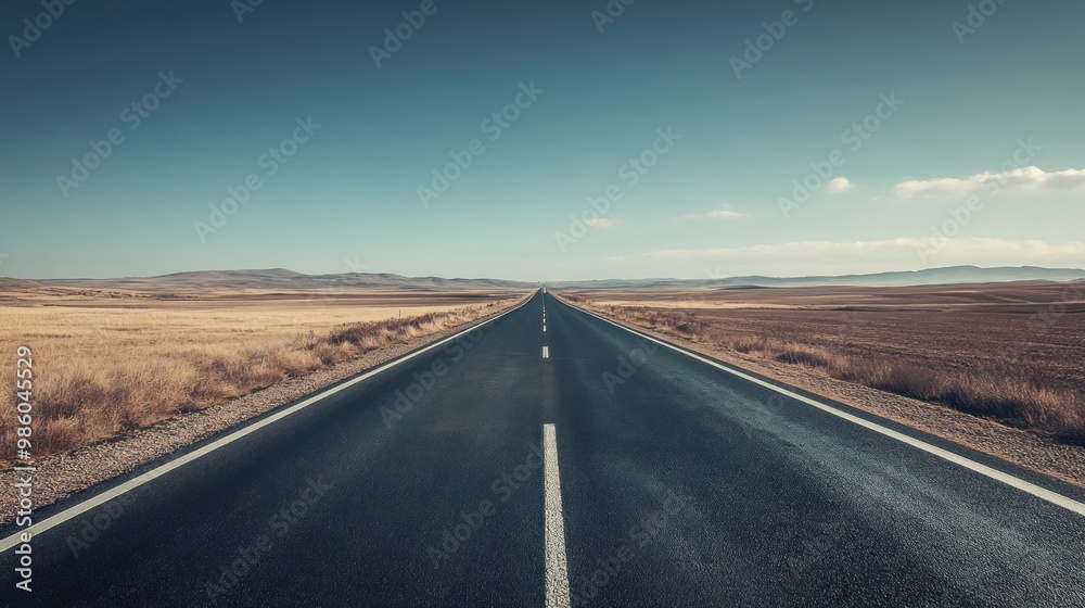 Fototapeta premium A straight asphalt road through a dry desert landscape.