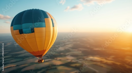 A colorful patterned hot air balloon floats above rolling hills during dawn, capturing the serene landscape and the soft, golden light of early morning, evoking a sense of calm. photo