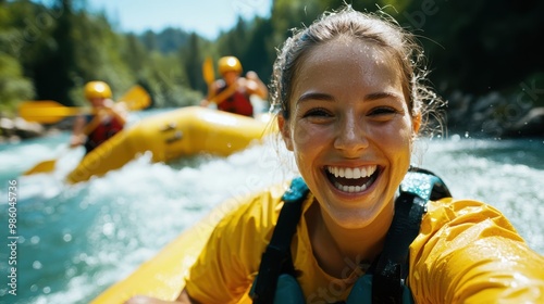 A young woman's face beams with excitement and happiness as she enjoys an energetic raft ride on a river, amidst the scenic backdrop of lush green trees. photo