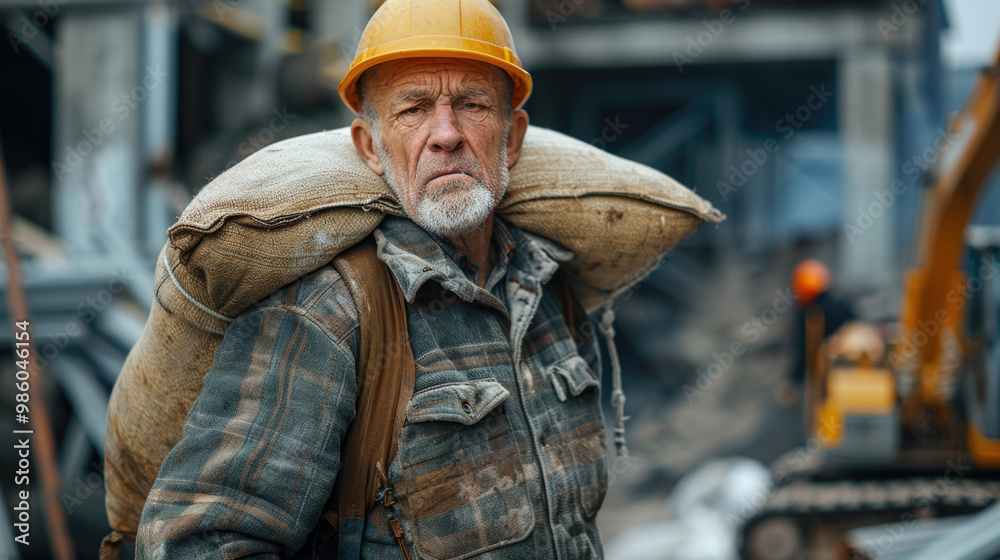 Elder worker carrying heavy bag sack load at his back because of old age poverty Elder worker carrying heavy bag sack load at his back because of old age poverty