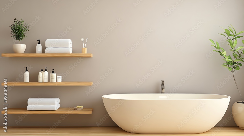 Beige bathroom with soft natural light and wood shelving, minimalist bathroom aesthetic, modern warmth Beige bathroom with soft natural light and wood shelving, minimalist bathroom aesthetic, modern warmth