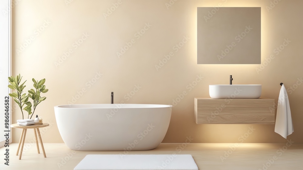 Fototapeta premium Beige minimalist bathroom with wood accents and soft lighting, minimalist bathroom aesthetic, modern warmth