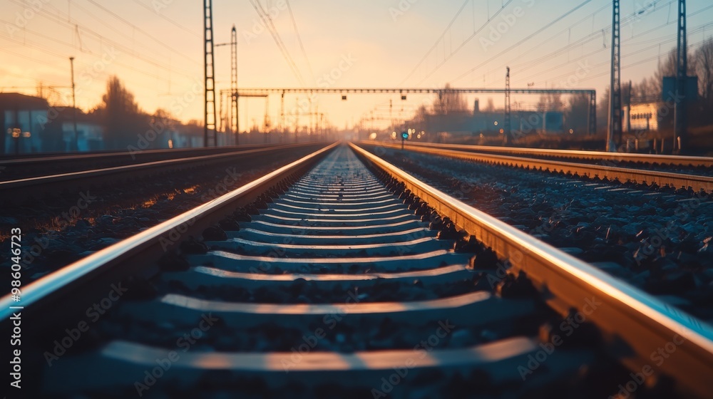 A serene view of railway tracks at sunset, showcasing the tracks leading into a colorful horizon. A serene view of railway tracks at sunset, showcasing the tracks leading into a colorful horizon.