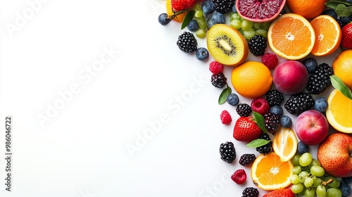 Fresh Fruits on Solid White Background with Ample Copy Space, AI generated illustration