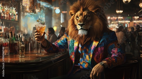 A lion in a colorful suit sits at a bar counter, enjoying a cocktail.