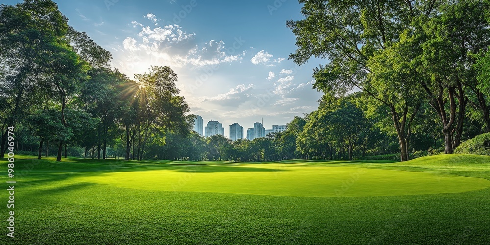 Serene Golf Course with Lush Greenery and Blue Sky Serene Golf Course with Lush Greenery and Blue Sky
