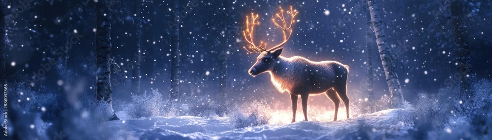 A majestic reindeer stands gracefully in a snowy landscape, surrounded by sparkling snowflakes under a moonlit sky. A majestic reindeer stands gracefully in a snowy landscape, surrounded by sparkling snowflakes under a moonlit sky.