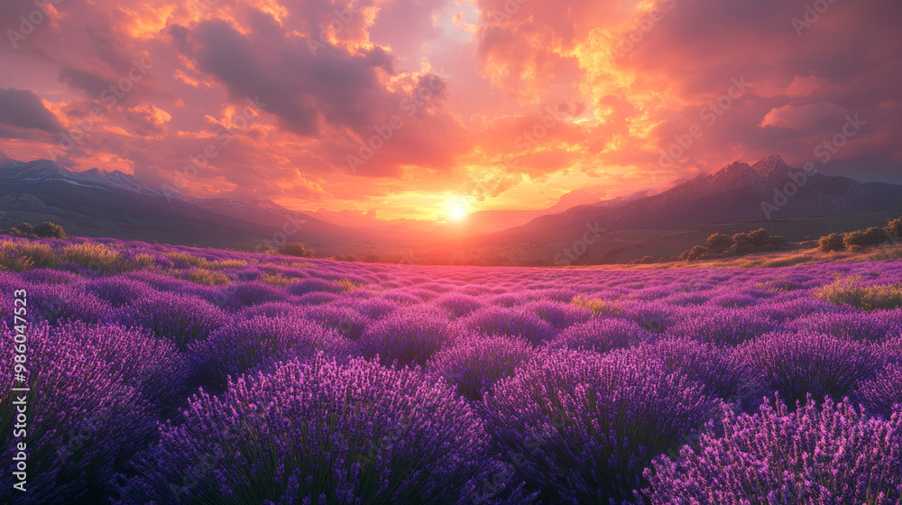breathtaking view of vast expanse of blooming lavender fields under vibrant sunset. sky is painted with hues of orange and purple, creating serene and tranquil atmosphere breathtaking view of vast expanse of blooming lavender fields under vibrant sunset. sky is painted with hues of orange and purple, creating serene and tranquil atmosphere