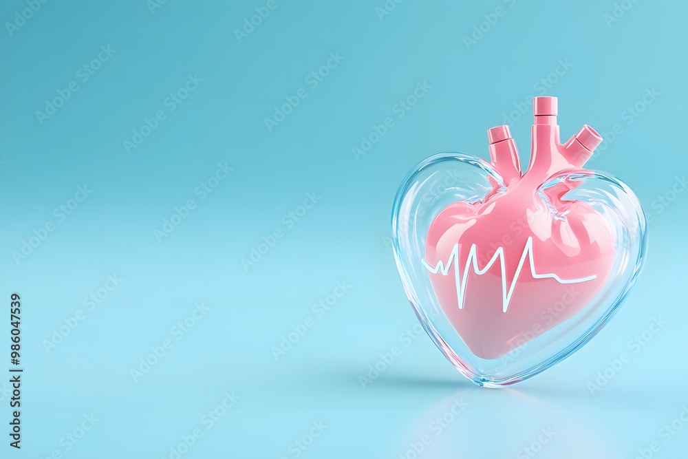 3D render of a heart with a pulse line, glass blue gradient background 3D render of a heart with a pulse line, glass blue gradient background