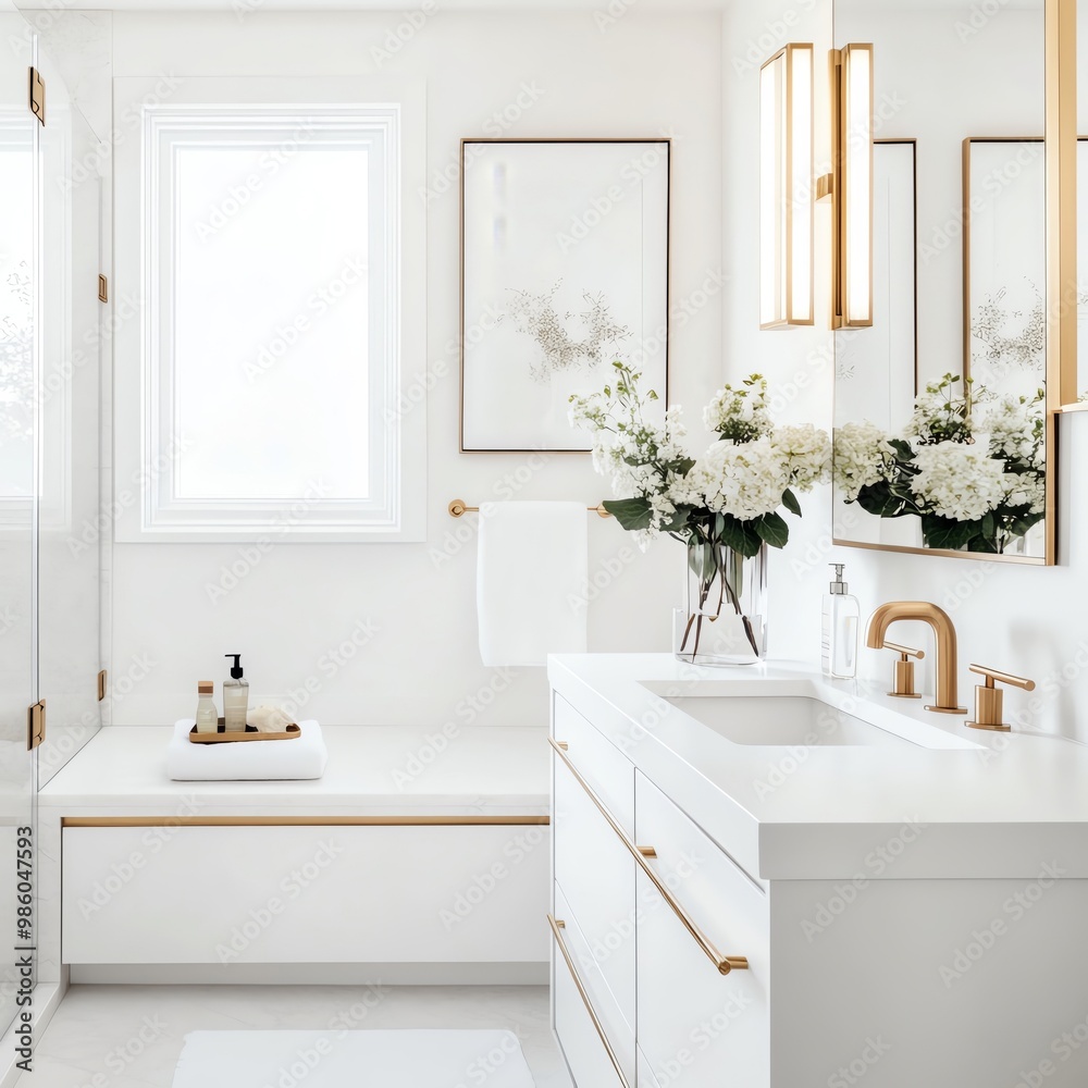 Fototapeta premium Clean white bathroom with recessed lighting and brass accents, minimalist bathroom aesthetic, luxury simplicity