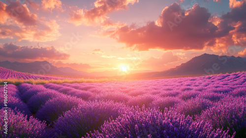 breathtaking view of vast expanse of blooming lavender fields under vibrant sunset. colorful sky and mountains create serene and tranquil atmosphere