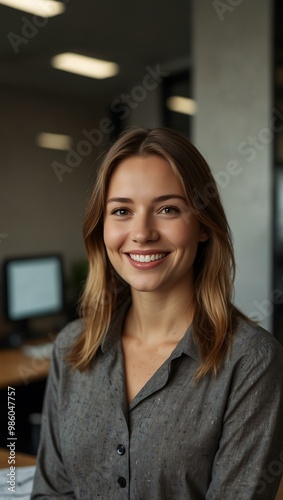 Smiling woman in an office setting.