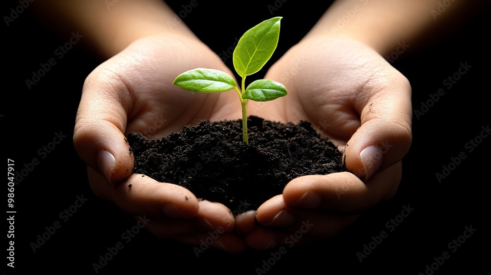 Hands Holding a Small Plant Growing Out of Soil, Symbolizing Ecology and Sustainability, AI generated illustration Hands Holding a Small Plant Growing Out of Soil, Symbolizing Ecology and Sustainability, AI generated illustration
