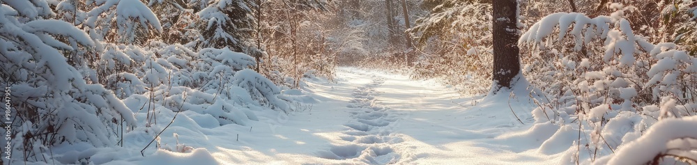 A tranquil winter pathway covered in fresh snow, lined by frosted trees, inviting exploration and serene experiences. A tranquil winter pathway covered in fresh snow, lined by frosted trees, inviting exploration and serene experiences.
